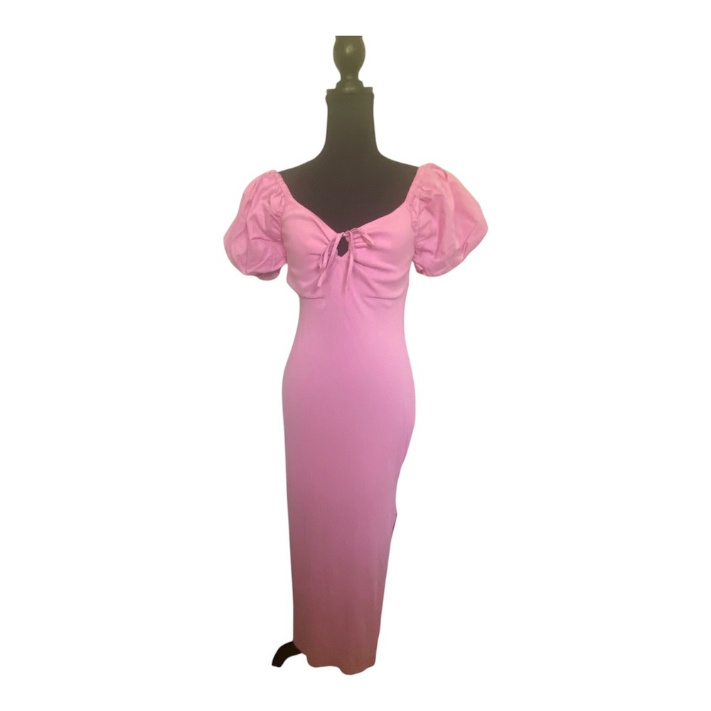 L*Space Chelsea Dress Tulip Pink Ribbed Puff‎ Sleeve Maxi Sweetheart Tie Small